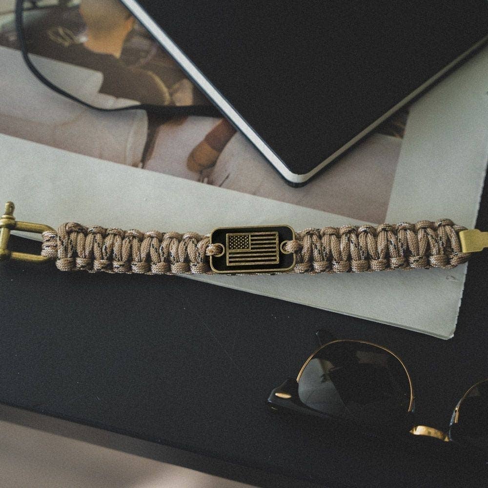 The Hero Company- Desert Camo Paracord Bronze Flag Bracelet - Helps Pair Veterans With A Service Dog Or Shelter Dog -Faire