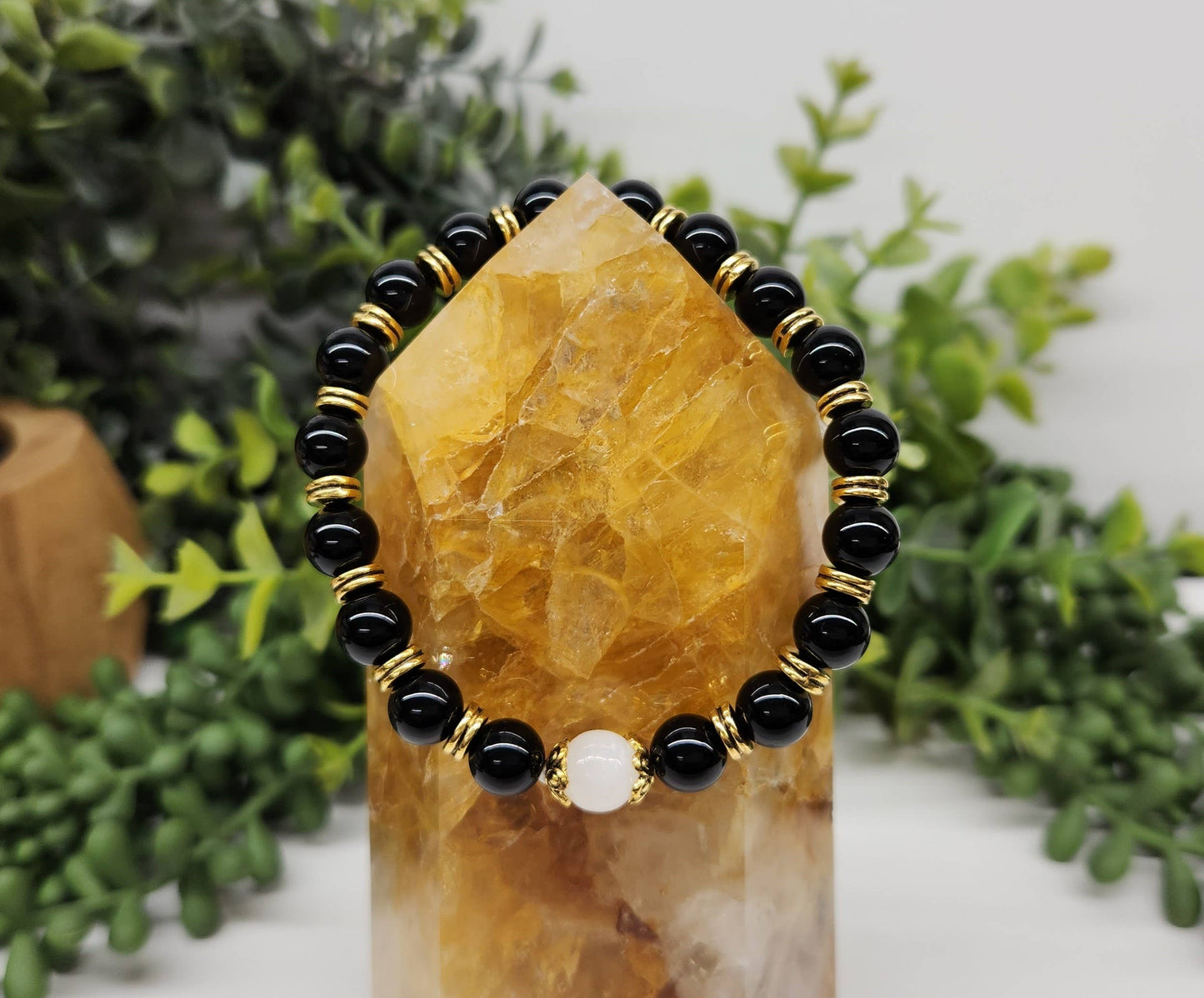 Selenite/Glossy Black Obsidian w/Gold Color Beads, 8MM, 7.5"