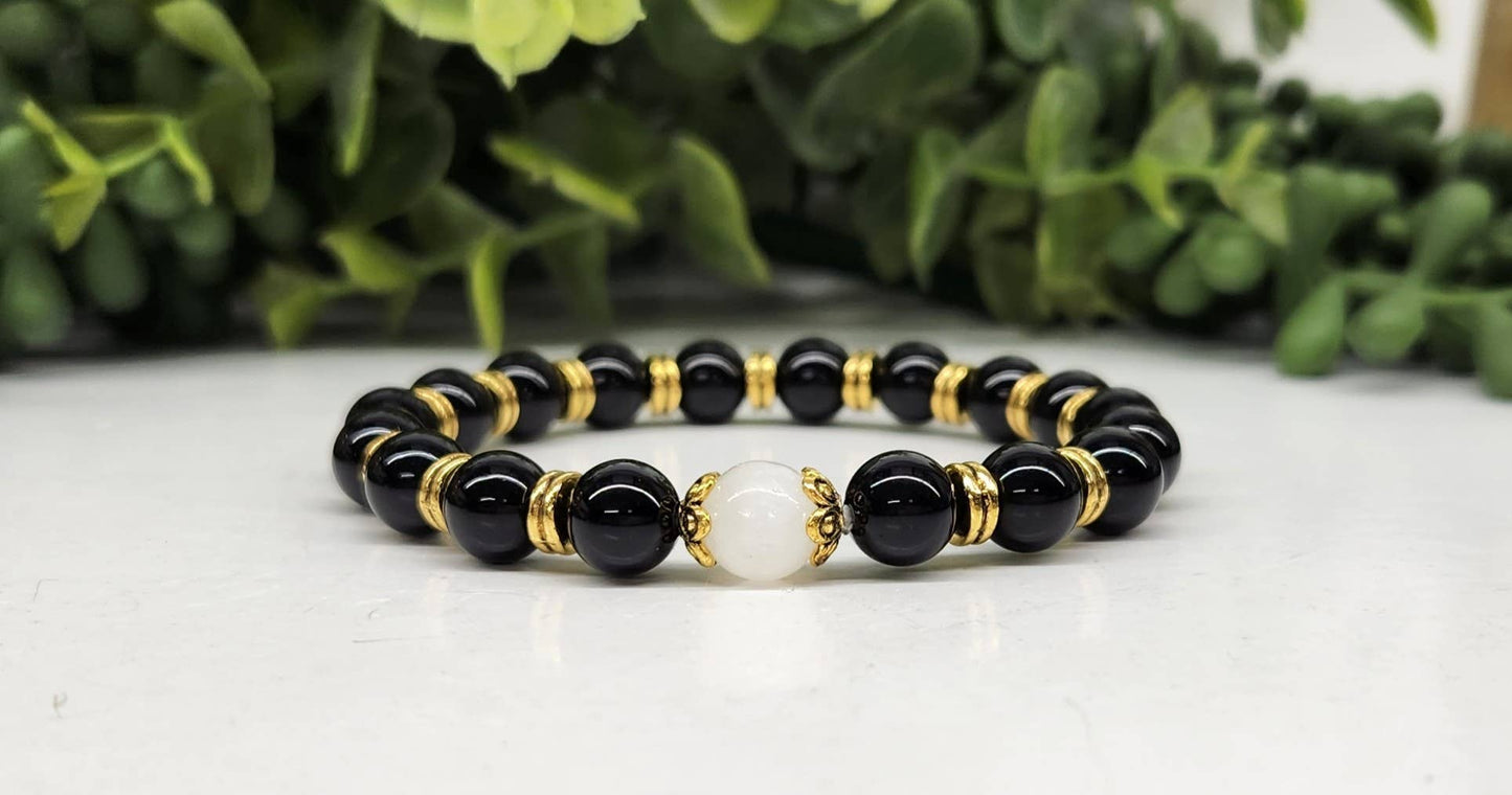 Selenite/Glossy Black Obsidian w/Gold Color Beads, 8MM, 7.5"