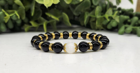Selenite/Glossy Black Obsidian w/Gold Color Beads, 8MM, 7.5"