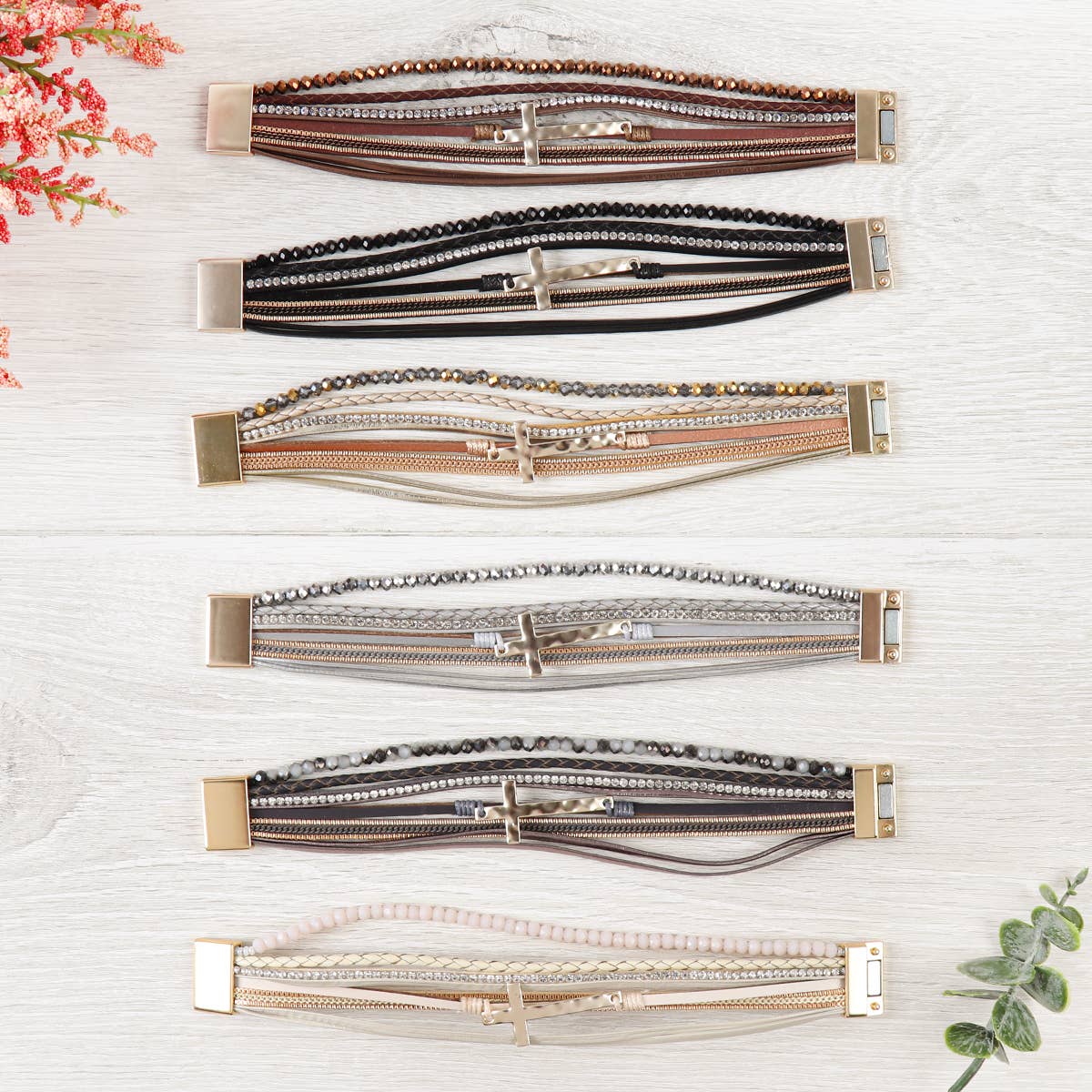 Cross Leather Wrap Glass Beads Bracelet