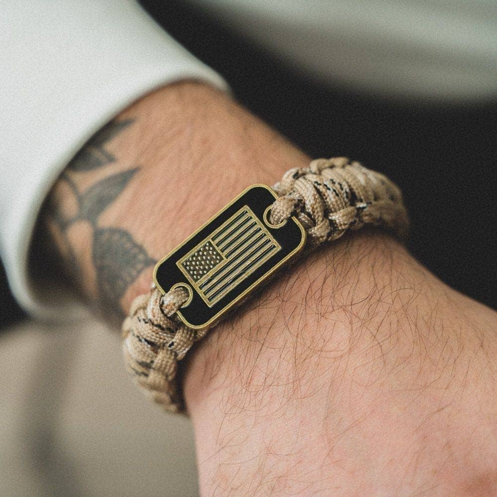The Hero Company- Desert Camo Paracord Bronze Flag Bracelet - Helps Pair Veterans With A Service Dog Or Shelter Dog -Faire