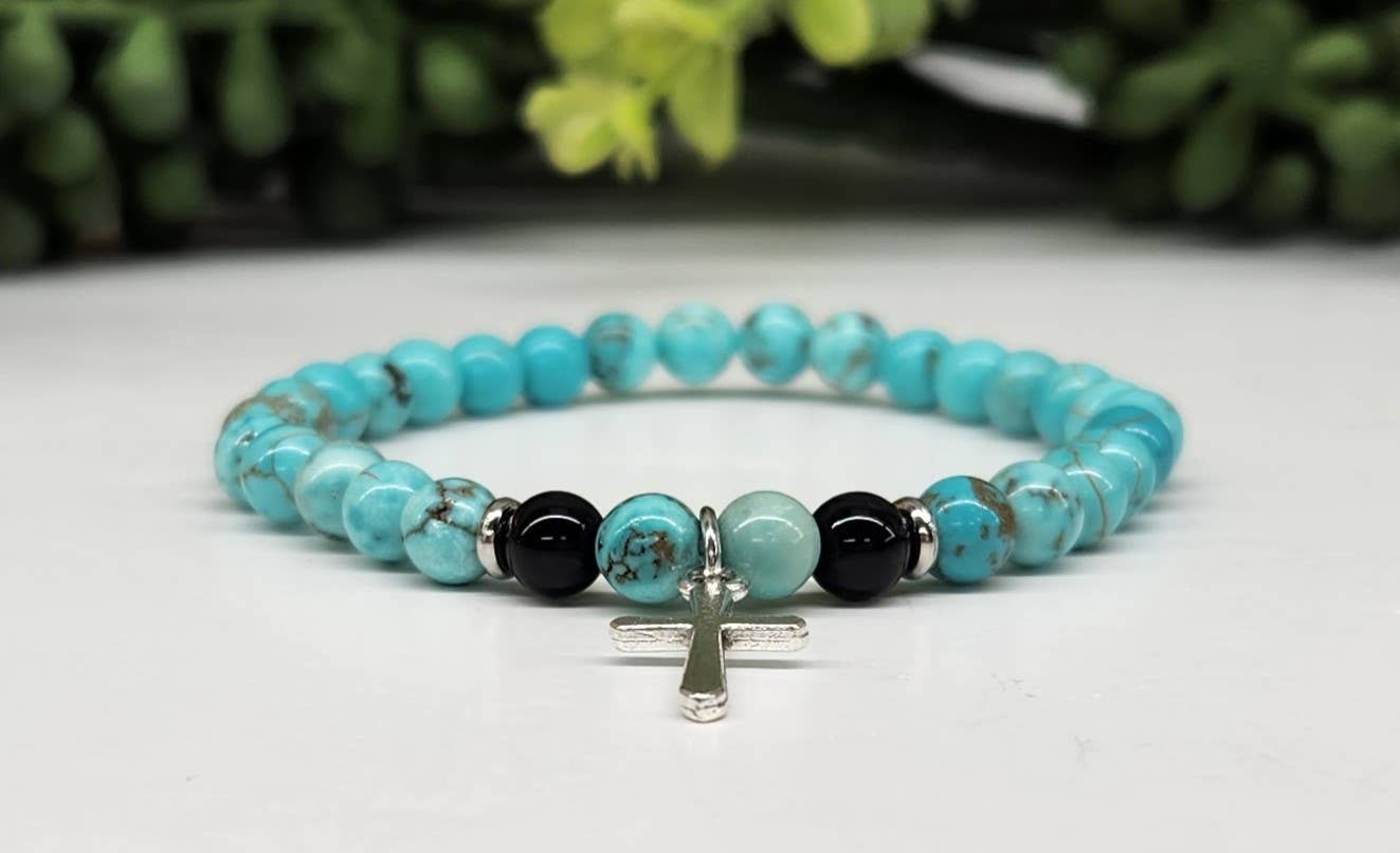 Turquoise & Black Obsidian with Cross Bracelet 6mm Beads