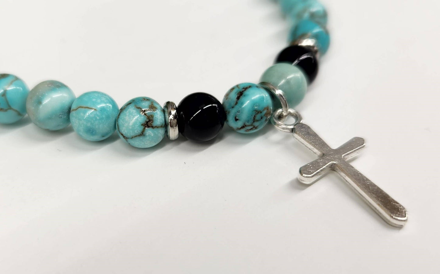 Turquoise & Black Obsidian with Cross Bracelet 6mm Beads