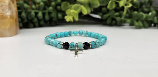 Turquoise & Black Obsidian with Cross Bracelet 6mm Beads