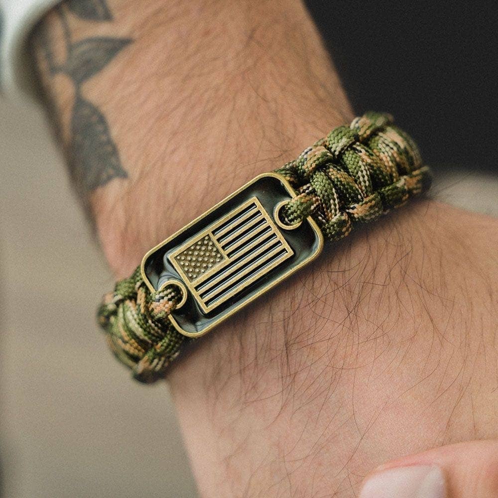 The Hero Company-Camo Paracord Bronze Flag Bracelet- Helps Pair Veterans With A Companion Dog- Faire