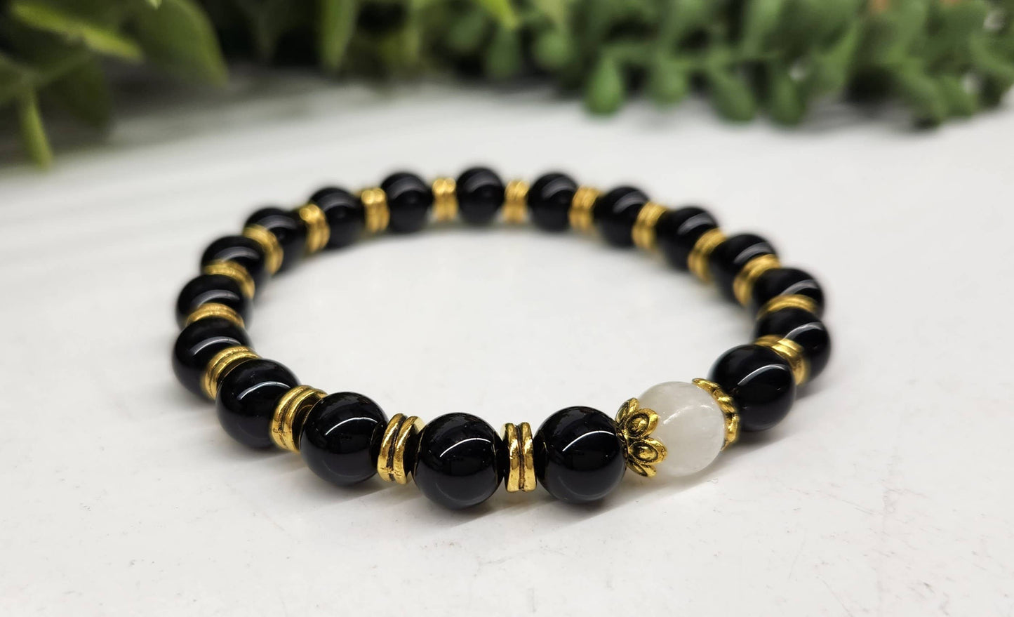 Selenite/Glossy Black Obsidian w/Gold Color Beads, 8MM, 7.5"