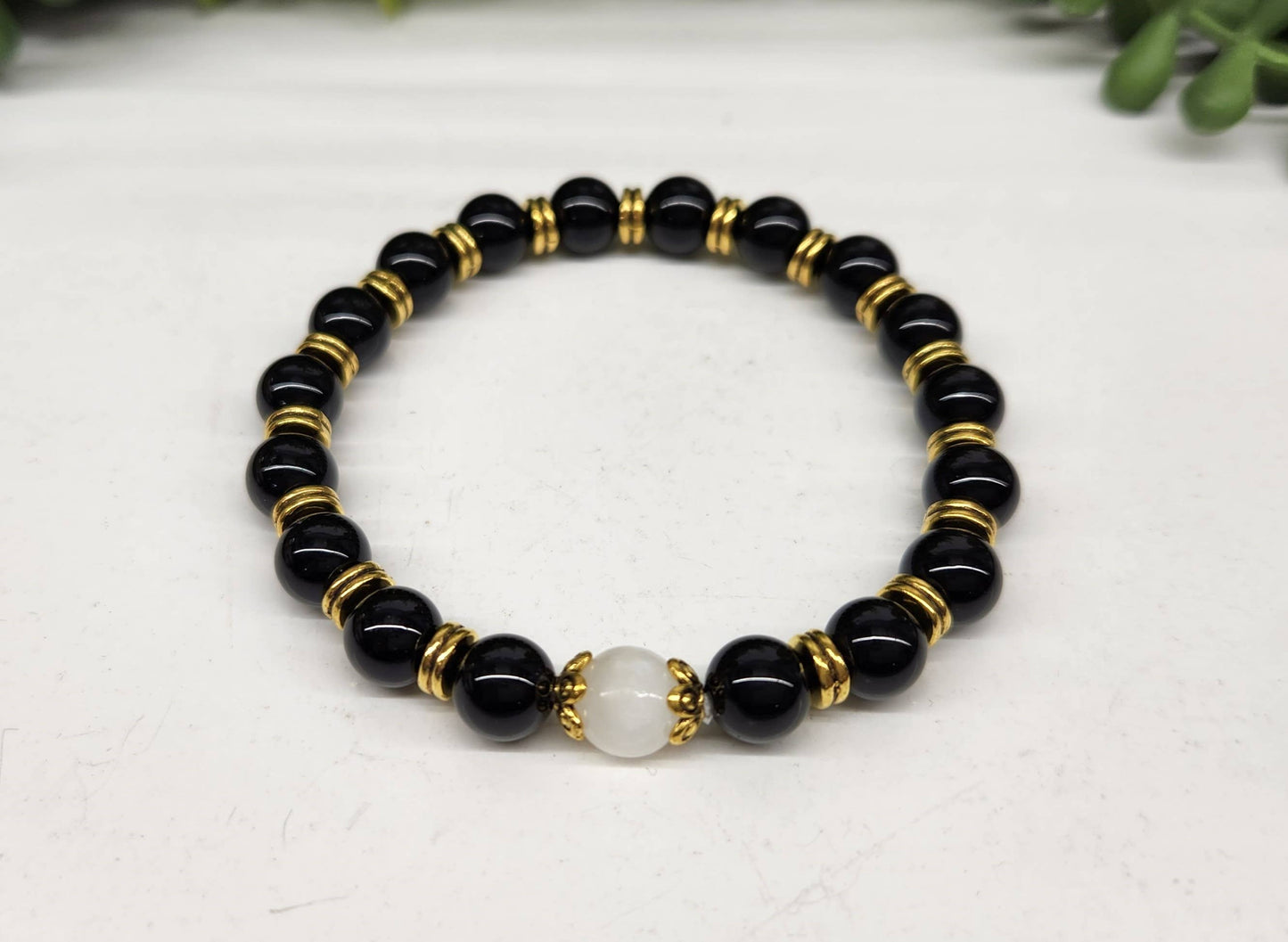 Selenite/Glossy Black Obsidian w/Gold Color Beads, 8MM, 7.5"