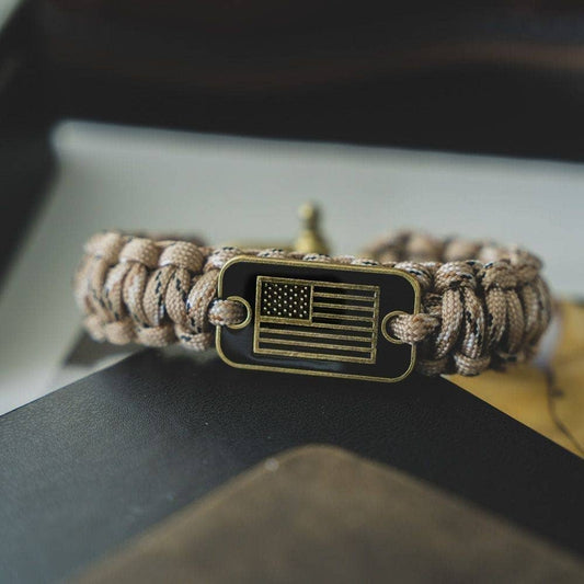 The Hero Company- Desert Camo Paracord Bronze Flag Bracelet - Helps Pair Veterans With A Service Dog Or Shelter Dog -Faire