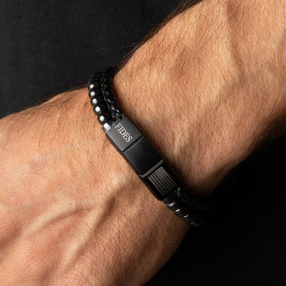 FIDES Cross Leather & Magnetic Hematite Titanium Bead Bracelet: Helps Pair Veterans With A Service Dog Or Shelter Dog -Faire