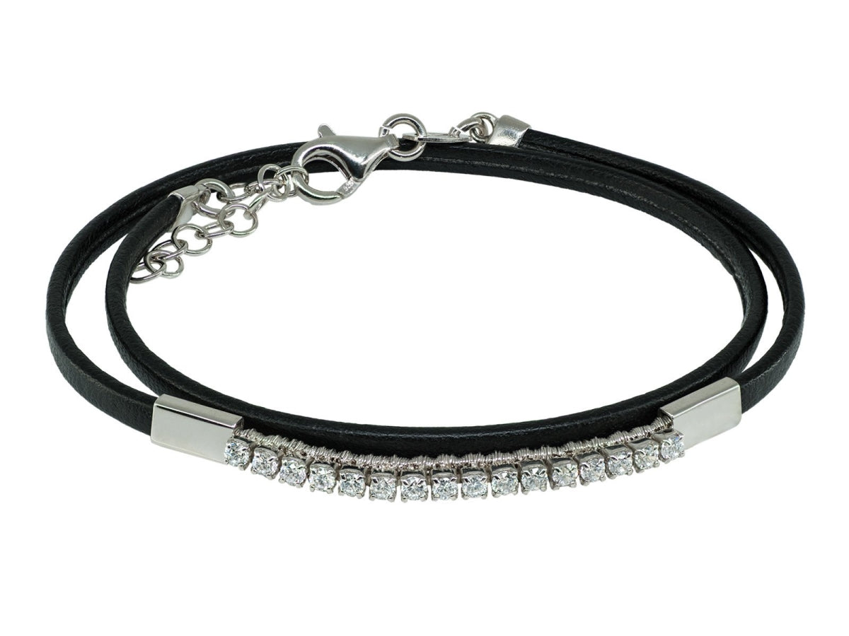 Double Layer Cubic Zirconia Black Leather Wrap Bracelet in Sterling Silver