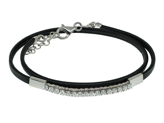 Double Layer Cubic Zirconia Black Leather Wrap Bracelet in Sterling Silver