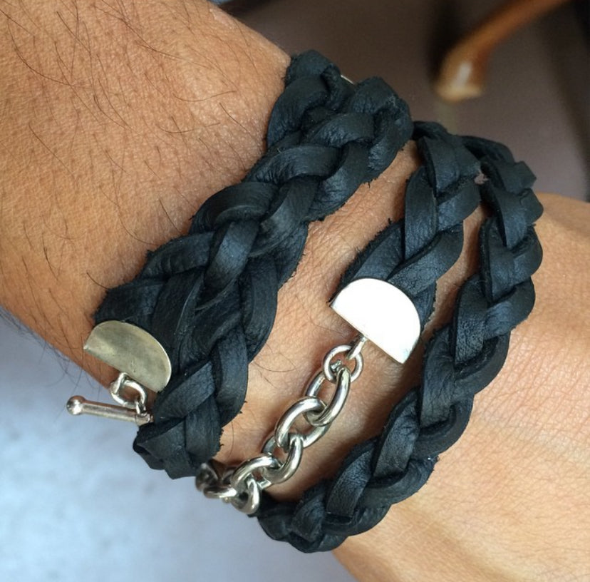 Silver Chain Black Braided Four Wrap Genuine Leather Bracelet by The