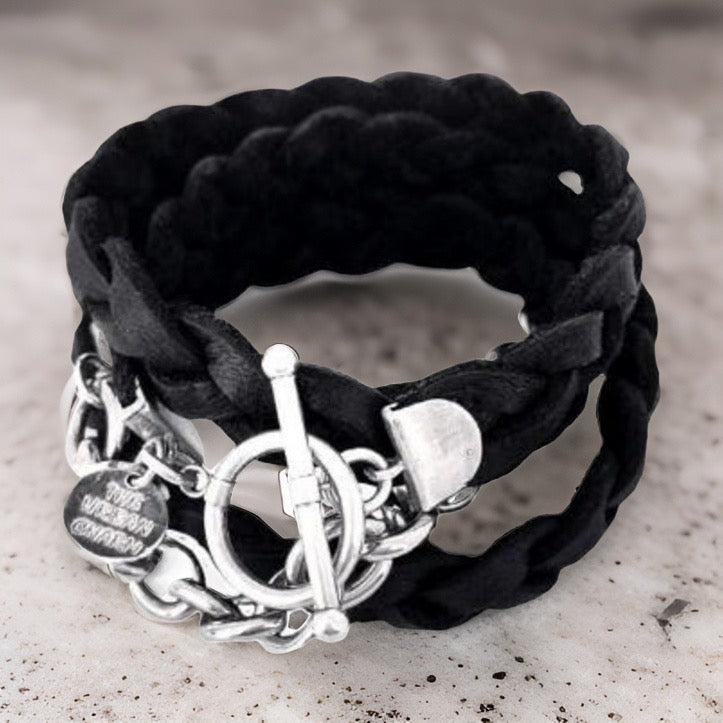 Silver Chain Black Braided Four Wrap Genuine Leather Bracelet by The