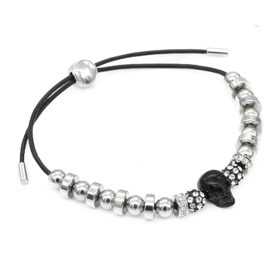 Black Skull Pull Cord Leather Bracelet