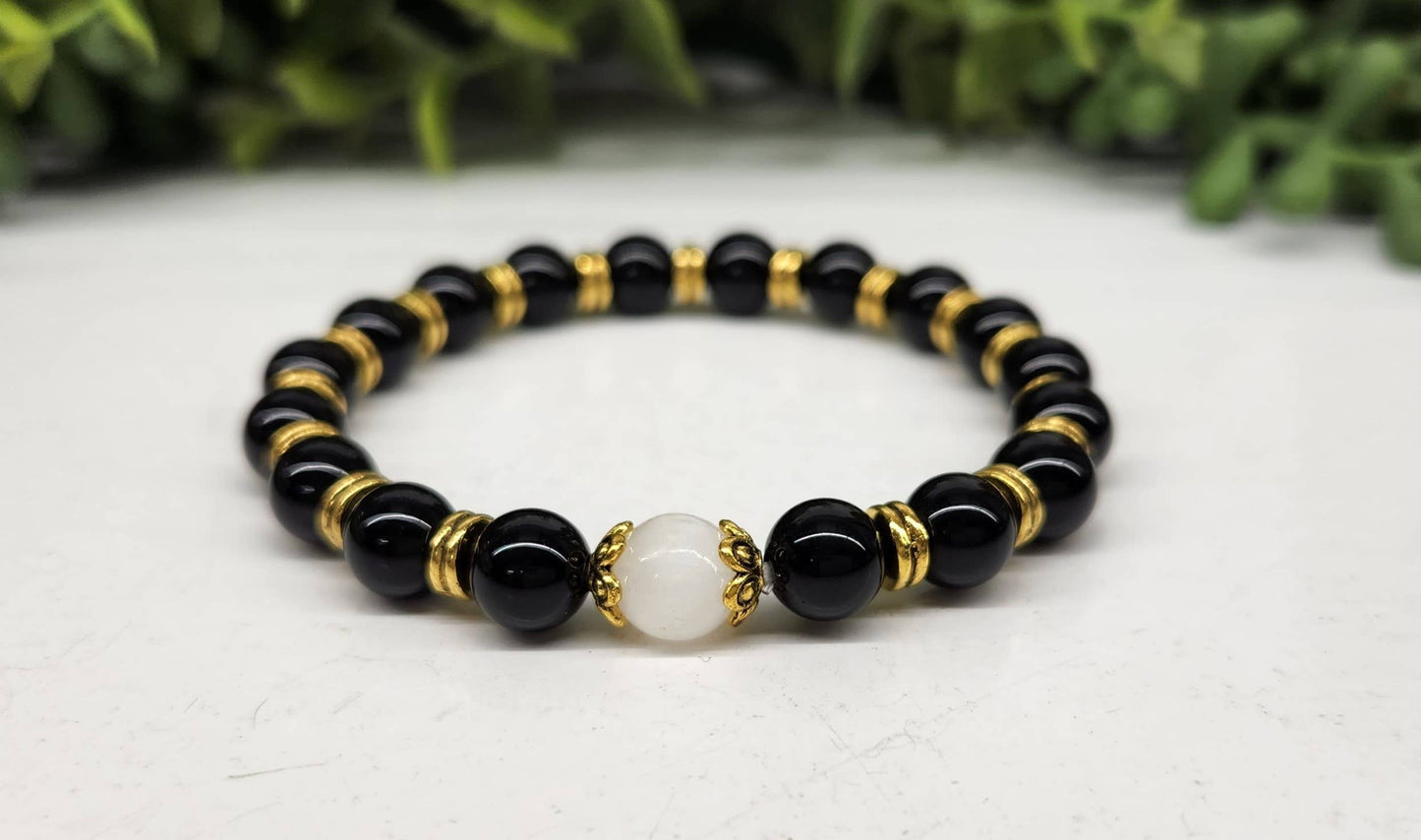 Selenite/Glossy Black Obsidian w/Gold Color Beads, 8MM, 7.5"