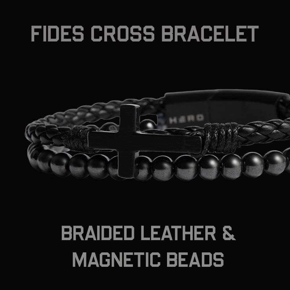 FIDES Cross Leather & Magnetic Hematite Titanium Bead Bracelet: Helps Pair Veterans With A Service Dog Or Shelter Dog -Faire