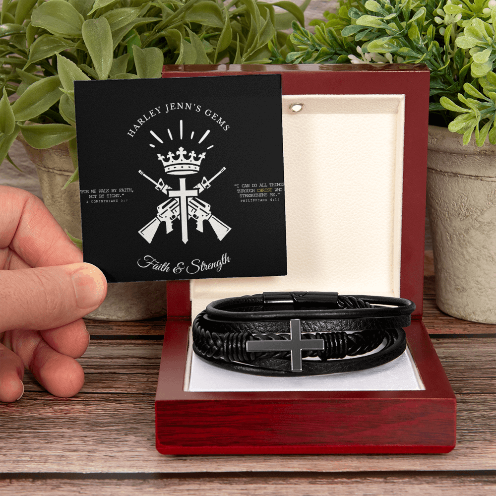 Faith & Strength Leather Cross Bracelet