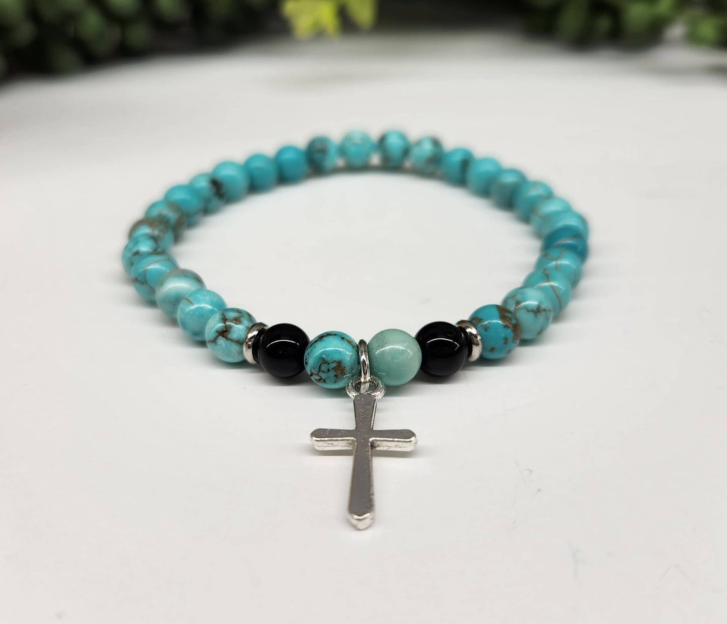Turquoise & Black Obsidian with Cross Bracelet 6mm Beads