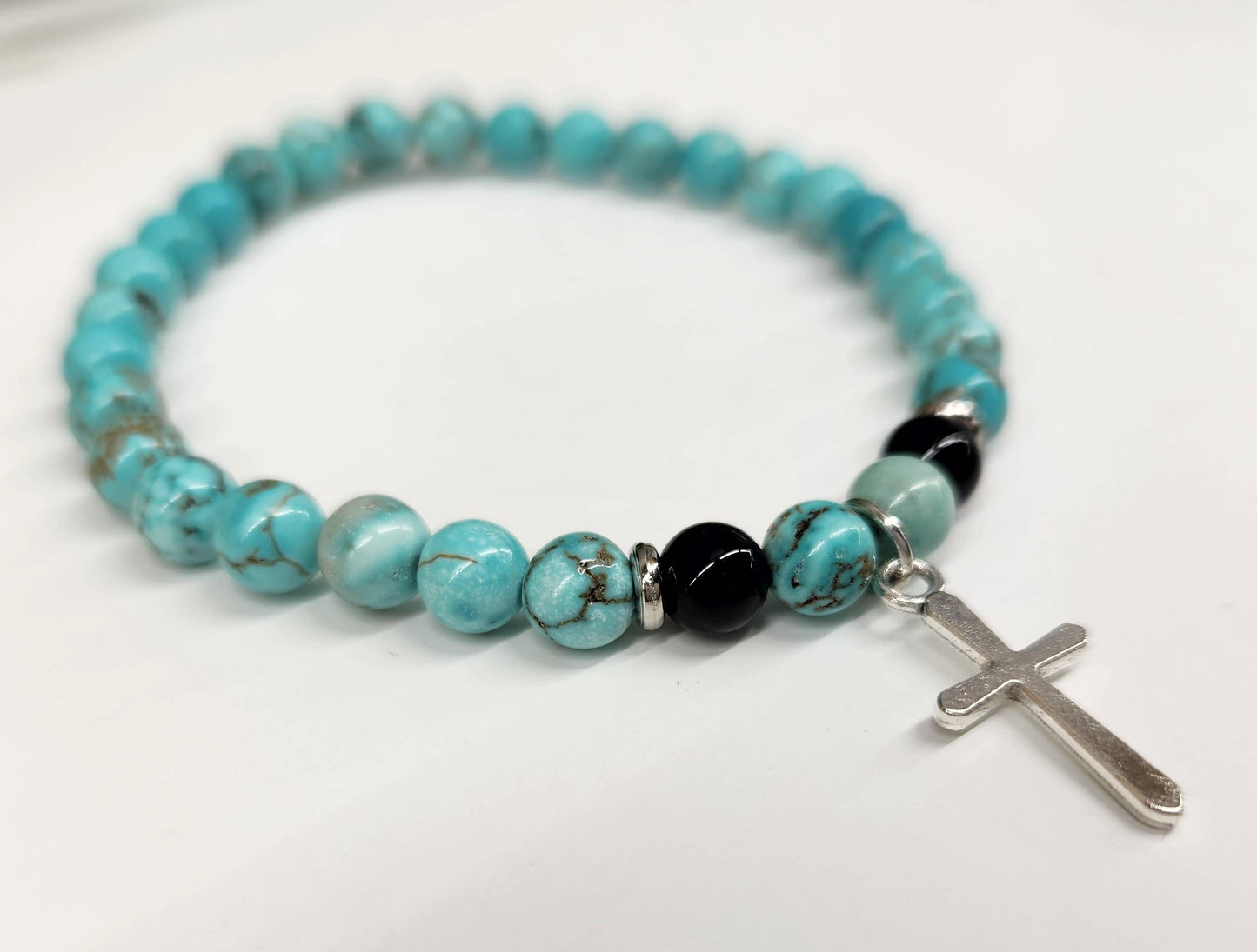 Turquoise & Black Obsidian with Cross Bracelet 6mm Beads