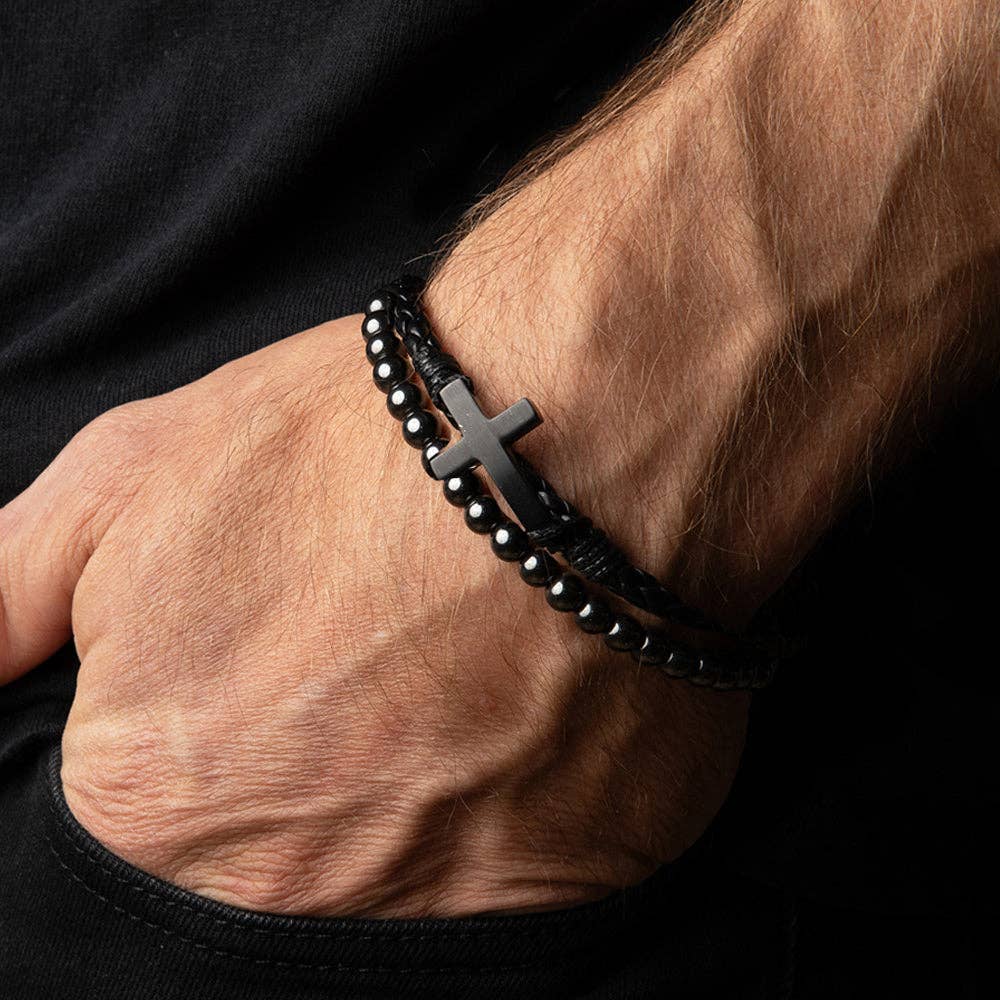 FIDES Cross Leather & Magnetic Hematite Titanium Bead Bracelet: Helps Pair Veterans With A Service Dog Or Shelter Dog -Faire