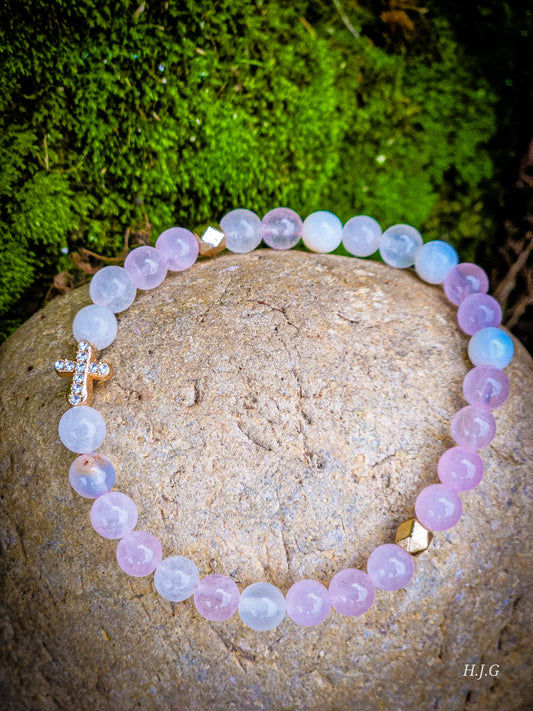“FAITH” — Morse Code Bracelet (Rose Quartz + Howlite/Shell) BLACK FRIDAY EDITION