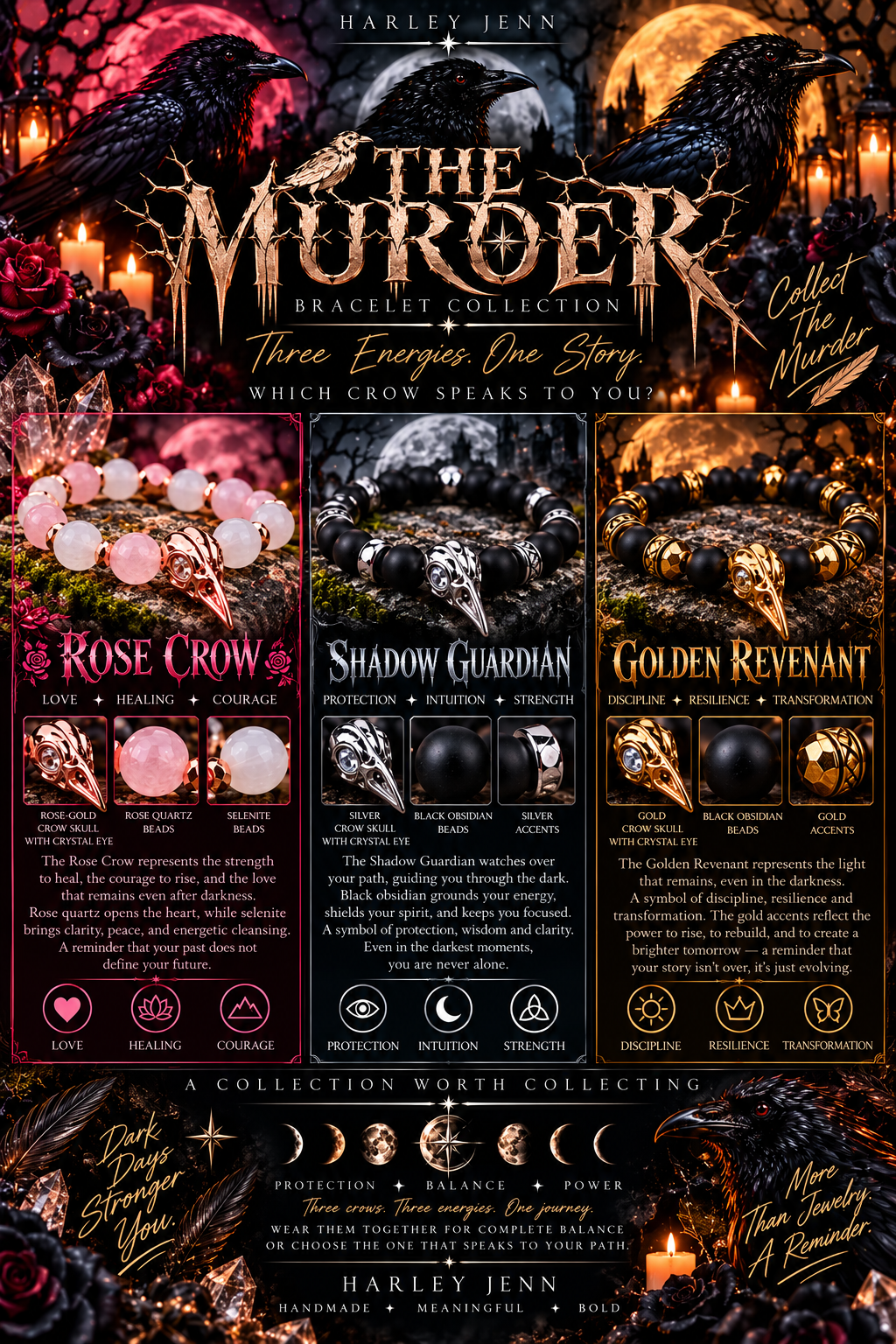The Murder Collection | Gothic Crow Skull Gemstone Bracelets