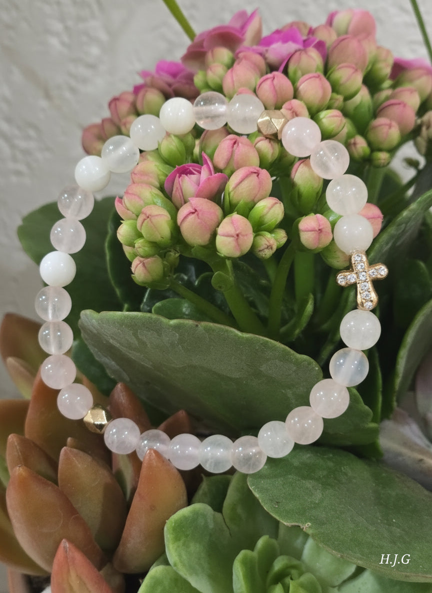 “FAITH” — Morse Code Bracelet (Rose Quartz + Howlite/Shell) BLACK FRIDAY EDITION